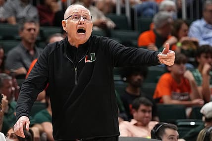 Nov 11, 2022; Coral Gables, Florida, USA; Miami Hurricanes head coach Jim Larranaga reacts during the second half against the UNC Greensboro Spartans at Watsco Center. Mandatory Credit: Jasen Vinlove-USA TODAY Sports