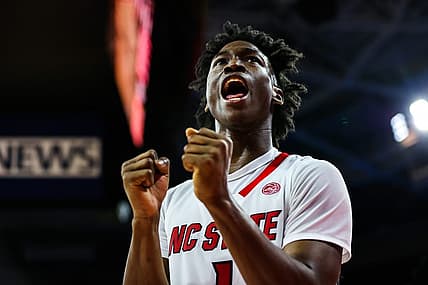 Nov 11, 2022; Raleigh, North Carolina, USA; North Carolina State Wolfpack guard Jarkel Joiner (1) reacts during the second half against Campbell Fighting Camels at PNC Arena. Mandatory Credit: Jaylynn Nash-USA TODAY Sports