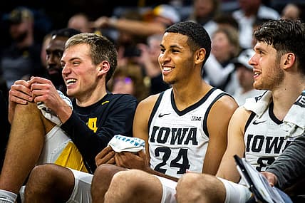 From left, Iowa forwards Payton Sandfort, left, Kris Murray and Filip Rebraca smile on the bench during a NCAA men's basketball game against North Carolina A&T, Friday, Nov. 11, 2022, at Carver-Hawkeye Arena in Iowa City, Iowa.

221111 Nc At Iowa Mbb 036 Jpg