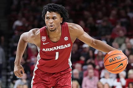 Nov 11, 2022; Fayetteville, Arkansas, USA; Arkansas Razorbacks guard Ricky Council IV (1) dribbles in the second half against the Fordham Rams at Bud Walton Arena. Arkansas won 74-48. Mandatory Credit: Nelson Chenault-USA TODAY Sports