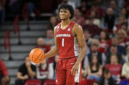 Nov 11, 2022; Fayetteville, Arkansas, USA; Arkansas Razorbacks guard Ricky Council IV (1) during the second half against the Fordham Rams at Bud Walton Arena. Arkansas won 74-48. Mandatory Credit: Nelson Chenault-USA TODAY Sports