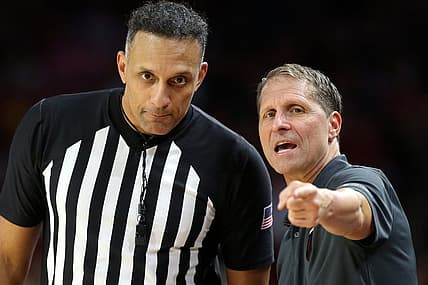 Nov 11, 2022; Fayetteville, Arkansas, USA; Arkansas Razorbacks head coach Eric Musselman talks to an official during the game against the Fordham Rams at Bud Walton Arena. Arkansas won 74-48. Mandatory Credit: Nelson Chenault-USA TODAY Sports