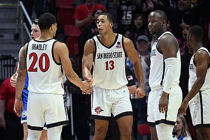 Nov 11, 2022; San Diego, California, USA; San Diego State Aztecs forward Jaedon LeDee (13) celebrates with guard Matt Bradley (20) during the second half against the Brigham Young Cougars at Viejas Arena. Mandatory Credit: Orlando Ramirez-USA TODAY Sports