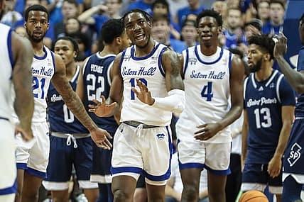 Nov 12, 2022; Newark, New Jersey, USA;  Seton Hall Pirates forward KC Ndefo (13) reacts after scoring and being fouled in the first half against the St. Peter's Peacocks on at Prudential Center. Mandatory Credit: Wendell Cruz-USA TODAY Sports