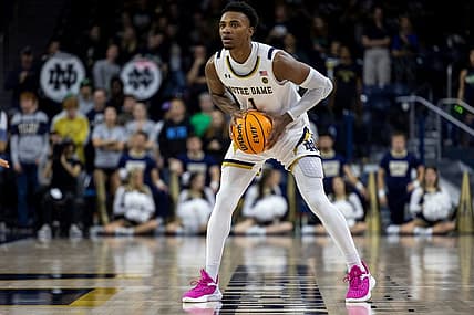 Notre Dame guard JJ Starling (1) looks to pass the ball during the Youngstown State-Notre Dame NCAA Men   s basketball game on Sunday, November 13, 2022, at Purcell Pavilion in South Bend, Indiana.

Youngstown State Vs Notre Dame