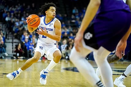 Nov 14, 2022; Omaha, Nebraska, USA; Creighton Bluejays guard Ryan Nembhard (2) looks to pass during the first half against the Holy Cross Crusaders at CHI Health Center Omaha. Mandatory Credit: Dylan Widger-USA TODAY Sports