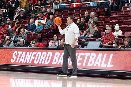 Nov 15, 2022; Stanford, California, USA; Stanford Cardinal head coach Jerod Haase holds the basketball during the first half against the San Diego State Aztecs at Maples Pavilion. Mandatory Credit: Stan Szeto-USA TODAY Sports