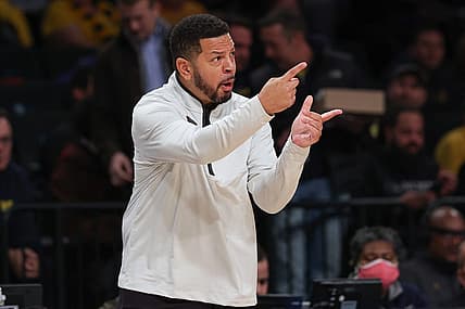 Nov 16, 2022; Brooklyn, New York, USA; Pittsburgh Panthers head coach Jeff Capel III reacts during the first half against the Michigan Wolverines at Barclays Center. Mandatory Credit: Vincent Carchietta-USA TODAY Sports