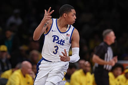 Nov 16, 2022; Brooklyn, New York, USA; Pittsburgh Panthers guard Greg Elliott (3) reacts after making a three point basket during the first half against the Michigan Wolverines at Barclays Center. Mandatory Credit: Vincent Carchietta-USA TODAY Sports