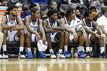Nov 16, 2022; Newark, New Jersey, USA;  The Seton Hall Pirates bench looks on as the final minute winds down in the second half against the Iowa Hawkeyes at Prudential Center. Mandatory Credit: Wendell Cruz-USA TODAY Sports