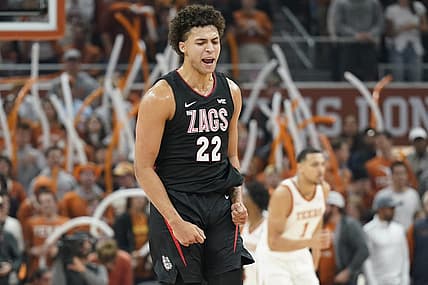 Nov 16, 2022; Austin, Texas, USA; Gonzaga Bulldogs forward Anton Watson (22) reacts after scoring a three point basket during the first half against the Texas Longhorns at Moody Center. Mandatory Credit: Scott Wachter-USA TODAY Sports