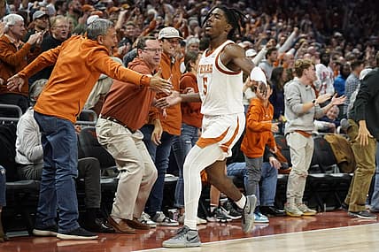 Nov 16, 2022; Austin, Texas, USA; Texas Longhorns guard Marcus Carr (5) interacts with fans after scoring a three point basket in the second half against the Gonzaga Bulldogs at Moody Center. Mandatory Credit: Scott Wachter-USA TODAY Sports