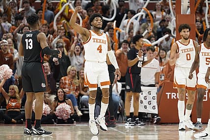 Nov 16, 2022; Austin, Texas, USA; Texas Longhorns guard Tyrese Hunter (4) reacts after scoring a three-pointer during the second half against the Gonzaga Bulldogs at Moody Center. Mandatory Credit: Scott Wachter-USA TODAY Sports