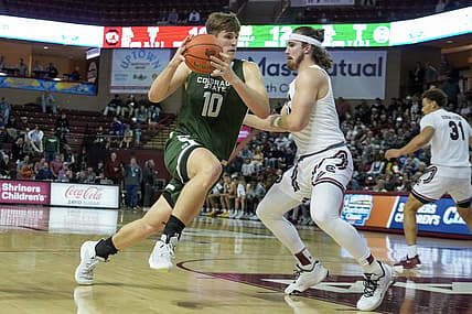 Nov 17, 2022; Charleston, South Carolina, USA; Colorado State Rams forward James Moors (10) drives the ball in the first half against a South Carolina Gamecocks defender at TD Arena. Mandatory Credit: David Yeazell-USA TODAY Sports