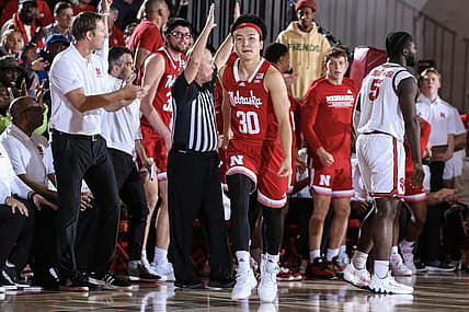 Nov 17, 2022; Queens, New York, USA; Nebraska Cornhuskers guard Keisei Tominaga (30) celebrates after making a three point in the second half against the Nebraska Cornhuskers at Carnesecca Arena. Mandatory Credit: Wendell Cruz-USA TODAY Sports