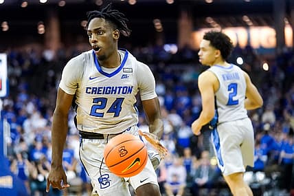 Nov 17, 2022; Omaha, Nebraska, USA; Creighton Bluejays forward Arthur Kaluma (24) drives with the ball during the second half against the UC Riverside Highlanders at CHI Health Center Omaha. Mandatory Credit: Dylan Widger-USA TODAY Sports