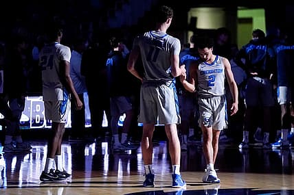 Nov 17, 2022; Omaha, Nebraska, USA; Creighton Bluejays guard Ryan Nembhard (2) greets center Ryan Kalkbrenner (11) during player introductions before the game against the UC Riverside Highlanders at CHI Health Center Omaha. Mandatory Credit: Dylan Widger-USA TODAY Sports