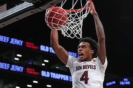 Nov 17, 2022; Brooklyn, New York, USA; Arizona State Sun Devils guard Desmond Cambridge Jr. (4) dunks the ball during the second half against the Michigan Wolverines at Barclays Center. Mandatory Credit: Vincent Carchietta-USA TODAY Sports