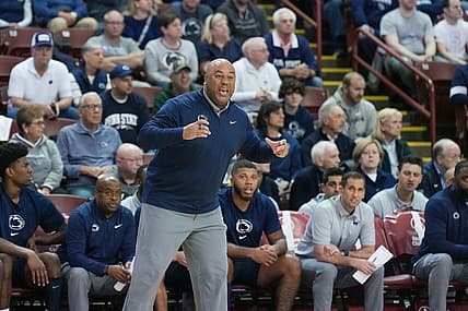 Nov 18, 2022; Charleston, South Carolina, USA; Penn State Nittany Lions head coach Micah Shrewsberry reacts to the action against the Virginia Tech Hokies in the first half at TD Arena. Mandatory Credit: David Yeazell-USA TODAY Sports