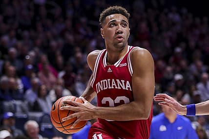Nov 18, 2022; Cincinnati, Ohio, USA; Indiana Hoosiers forward Trayce Jackson-Davis (23) drives to the basket against the Xavier Musketeers in the first half at Cintas Center. Mandatory Credit: Katie Stratman-USA TODAY Sports