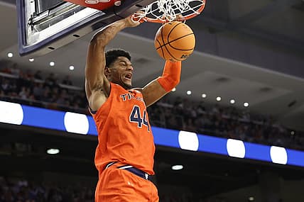 Nov 18, 2022; Auburn, Alabama, USA;  Auburn Tigers center Dylan Cardwell (44) dunks on the Texas Southern Tigers during the second half at Neville Arena. Mandatory Credit: John Reed-USA TODAY Sports