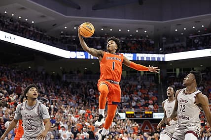 Nov 18, 2022; Auburn, Alabama, USA;  Auburn Tigers guard Wendell Green Jr. (1) goes up for a shot against Texas Southern Tigers during the second half at Neville Arena. Mandatory Credit: John Reed-USA TODAY Sports