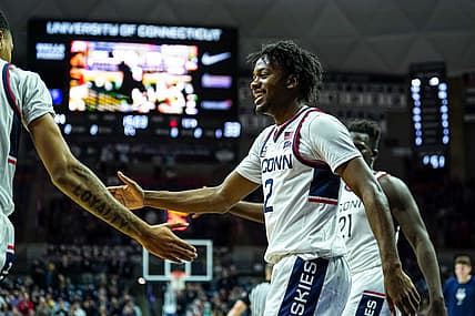 Nov 18, 2022; Storrs, Connecticut, USA; Connecticut Huskies guard Tristen Newton (2) reacts after a play against the North Carolina-Wilmington Seahawks in the second half at Harry A. Gampel Pavilion. Mandatory Credit: David Butler II-USA TODAY Sports