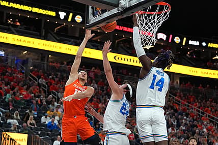 Nov 18, 2022; Las Vegas, Nevada, USA; Illinois Fighting Illini guard RJ Melendez (15) shoots against UCLA Bruins guard Jaime Jaquez Jr. (24) and forward Kenneth Nwuba (14) during the first half at T-Mobile Arena. Mandatory Credit: Stephen R. Sylvanie-USA TODAY Sports