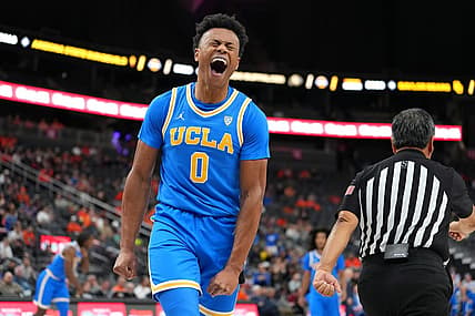 Nov 20, 2022; Las Vegas, Nevada, USA; UCLA Bruins guard Jaylen Clark (0) reacts after making a play against the Baylor Bears during the first half at T-Mobile Arena. Mandatory Credit: Stephen R. Sylvanie-USA TODAY Sports