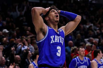 Nov 18, 2022; Cincinnati, Ohio, USA; Xavier Musketeers guard Colby Jones (3) reacts after a foul called on him in the second half against the Indiana Hoosiers at Cintas Center. Mandatory Credit: Katie Stratman-USA TODAY Sports