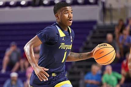 Nov 23, 2022; Fort Myers, Florida, USA;  Marquette Golden Eagles guard Kam Jones (1) controls the ball against the Georgia Tech Yellow Jackets in the first half during the Fort Myers Tip-Off Beach Division third place game at Suncoast Credit Union Arena. Mandatory Credit: Nathan Ray Seebeck-USA TODAY Sports