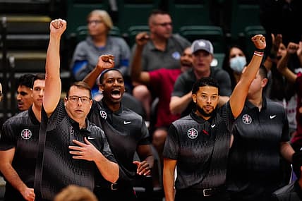 Nov 24, 2022; Orlando, Florida, USA; Stanford Cardinal head coach Jerod Haase celebrates a point against the Mississippi Rebels during the second half at State Farm Field House. Mandatory Credit: Rich Storry-USA TODAY Sports