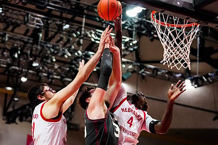 Nov 24, 2022; Orlando, Florida, USA; Nebraska Cornhuskers forward Juwan Gary (4) blocks Oklahoma Sooners forward Tanner Groves (35) shot during the second half at State Farm Field House. Mandatory Credit: Rich Storry-USA TODAY Sports