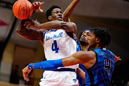 Nov 24, 2022; Orlando, Florida, USA; Seton Hall Pirates forward Tyrese Samuel (4) is defended by Memphis Tigers forward Chandler Lawson (4) during the second half at ESPN Wide World of Sports. Mandatory Credit: Rich Storry-USA TODAY Sports
