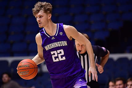 Nov 24, 2022; Anaheim, California, USA; Washington Huskies guard Cole Bajema (22) moves the ball against the St. Mary's Gaels during the first half at Anaheim Convention Center. Mandatory Credit: Gary A. Vasquez-USA TODAY Sports