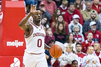 Nov 25, 2022; Bloomington, Indiana, USA; Indiana Hoosiers guard Xavier Johnson (0) dribbles the ball in the second half against the Jackson State Tigers at Simon Skjodt Assembly Hall. Mandatory Credit: Trevor Ruszkowski-USA TODAY Sports