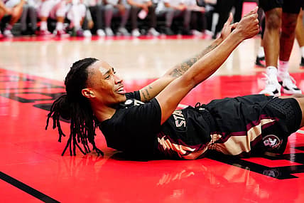 Nov 25, 2022; Orlando, FL, USA; Florida State Seminoles guard Caleb Mills (4) reacts to being fouls against the Stanford Cardinal during the second half at ESPN Wide World of Sports. Mandatory Credit: Rich Storry-USA TODAY Sports