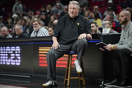 Nov 25, 2022; Portland, Oregon, USA;  West Virginia Mountaineers head coach Bob Huggins watches his team during the first half against the Portland State Vikings at Moda Center. Mandatory Credit: Troy Wayrynen-USA TODAY Sports
