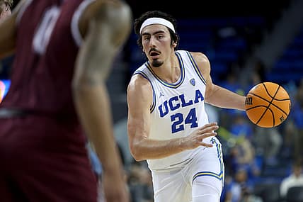 Nov 27, 2022; Los Angeles, California, USA;  UCLA Bruins guard Jaime Jaquez Jr. (24) dribbles a ball during the second half against the Bellarmine Knights at Pauley Pavilion presented by Wescom. Mandatory Credit: Kiyoshi Mio-USA TODAY Sports