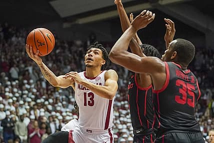Dec 11, 2021; Tuscaloosa, Alabama, USA; Alabama Crimson Tide guard Jahvon Quinerly (13) goes to the basket against Houston Cougars during the second half at Coleman Coliseum. Mandatory Credit: Marvin Gentry-USA TODAY Sports