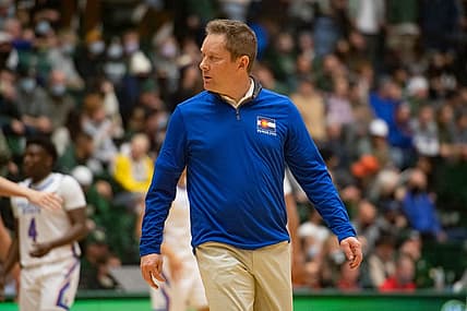 Colorado State men's basketball head coach Niko Medved looks toward his staff during a timeout of a game against New Mexico at Moby Arena in Fort Collins, Colorado on Wednesday, Jan. 19, 2022. The Rams defeated the Lobos 80-74.

Ftc 0119 Ja Csu Unm Mens Bball 046
