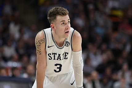 Feb 26, 2022; Logan, Utah, USA; Utah State Aggies guard Steven Ashworth (3) reacts to a play in the second half against the Colorado State Rams at Dee Glen Smith Spectrum. Mandatory Credit: Rob Gray-USA TODAY Sports