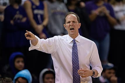 Feb 28, 2022; Seattle, Washington, USA; Washington head coach Mike Hopkins yells during a game against UCLA at Alaska Airlines Arena at Hec Edmundson Pavilion. Mandatory Credit: Stephen Brashear-USA TODAY Sports