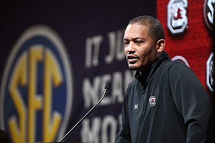 Oct 19, 2022; Mountain Brook, AL, USA; South Carolina head coach Lamont Paris speaks during the SEC Tip Off 2022-23 Men's Basketball Media Day in Mountain Brook Wednesday, Oct. 19, 2022 at Grand Bohemian Hotel.

Basketball Sec Men S Basketball Media Day