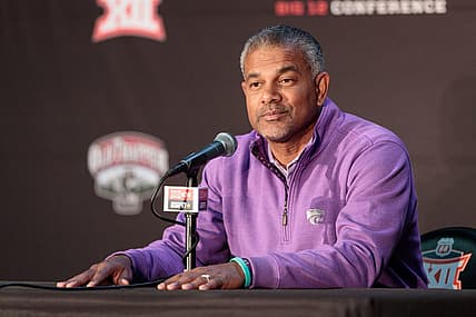 Oct 19, 2022; Kansas City, Missouri, US; Kansas State Wildcats coach Jerome Tang is interviewed during the mens Big 12 Basketball Tipoff media day at T-Mobile Center. Mandatory Credit: William Purnell-USA TODAY Sports