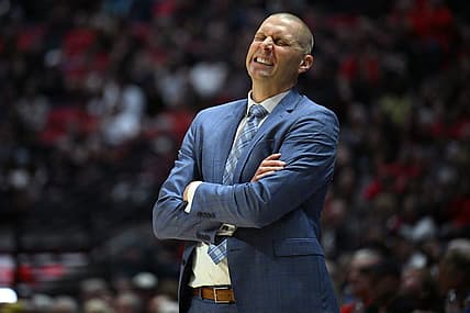 Nov 11, 2022; San Diego, California, USA; Brigham Young Cougars head coach Mark Pope reacts during the first half against the San Diego State Aztecs at Viejas Arena. Mandatory Credit: Orlando Ramirez-USA TODAY Sports