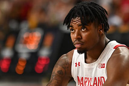 Nov 15, 2022; College Park, Maryland, USA;  Maryland Terrapins guard Hakim Hart (13) reacts during the second half against the Binghamton Bearcats at Xfinity Center. Mandatory Credit: Tommy Gilligan-USA TODAY Sports