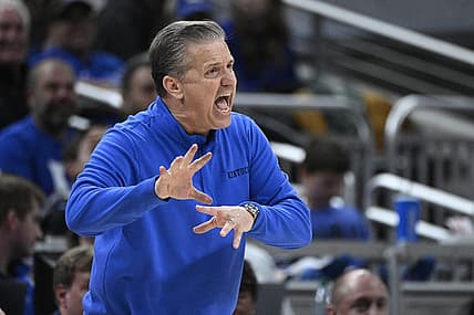 Nov 15, 2022; Indianapolis, Indiana, USA;  Kentucky Wildcats head coach John Calipari reacts during the first overtime period against the Michigan State Spartans at Gainbridge Fieldhouse. Spartans defeat the Wildcats 86 to 77 in double overtime. Mandatory Credit: Marc Lebryk-USA TODAY Sports