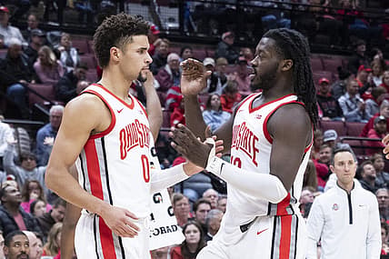 Nov 16, 2022; Columbus, Ohio, USA; Ohio State Buckeyes guard Tanner Holden (0) is congratulated by forward Brice Sensabaugh (10) after a three-point shot against Eastern Illinois Panthers in the second half at Value City Arena. Mandatory Credit: Greg Bartram-USA TODAY Sports