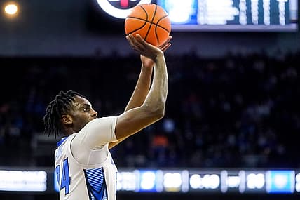 Nov 17, 2022; Omaha, Nebraska, USA; Creighton Bluejays forward Arthur Kaluma (24) shoots a three-point basket during the first half against the UC Riverside Highlanders at CHI Health Center Omaha. Mandatory Credit: Dylan Widger-USA TODAY Sports